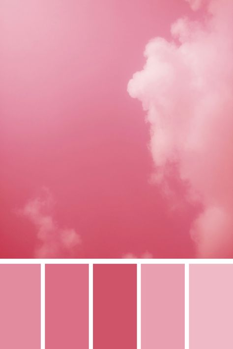 A dreamy sky adorned with fluffy clouds, all enveloped in a warm pink color palette. The subtle variations in pink tones add a sense of depth and softness to the scene. Shades Of Pink Color Palettes, Color Scheme Generator, Different Shades Of Pink, Color Palette Pink, Color Palette Generator, Color Harmony, Pink Tone, Creative Work, Color Combinations