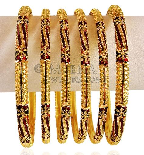 22K Gold Meena Bangles Set ( Set of Bangles ) 22k Gold Bangles, Gold Bangle Set, Bangles Gold, Pearl Jewelry Design, Bangles Set, Bangles Design, Antique Gold Jewelry, Bangles Jewelry Designs, Computer Embroidery