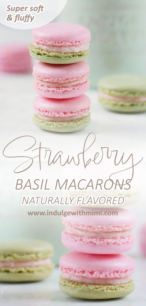 A stack of pink and green strawberry basil macarons on the counter. Strawberry Macaroons Recipe, Strawberry Macaron Recipe, Macaron Flavors Ideas, Filling For Macarons, Macaron Recipe Strawberry, Pink And Green Macarons, Macaron Inspiration, Macaroon Strawberry, Shaped Macarons