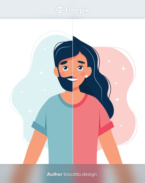 Gender identity concept. person with hal... | Premium Vector #Freepik #vector #woman #man #cartoon #identity Gender Ideology Editorial Cartooning, Half Man Half Woman, Male Female Icon, Male Gender Symbol, Women Infographic, Erik Erikson, Man Cartoon, Male Gender, Happy Woman Day