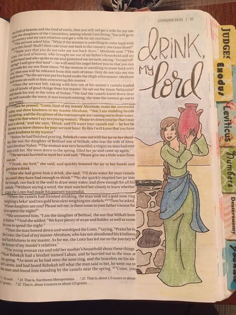 genesis 24 rebecca bible journaling Bible Journal Genesis, Bible Highlighting, Bible Journal Notebooks, Bible Journaling Printables, Bible Journaling For Beginners, Bible Drawing, Bible Journaling Ideas Drawings, Bible Doodling, Bible Journal Notes