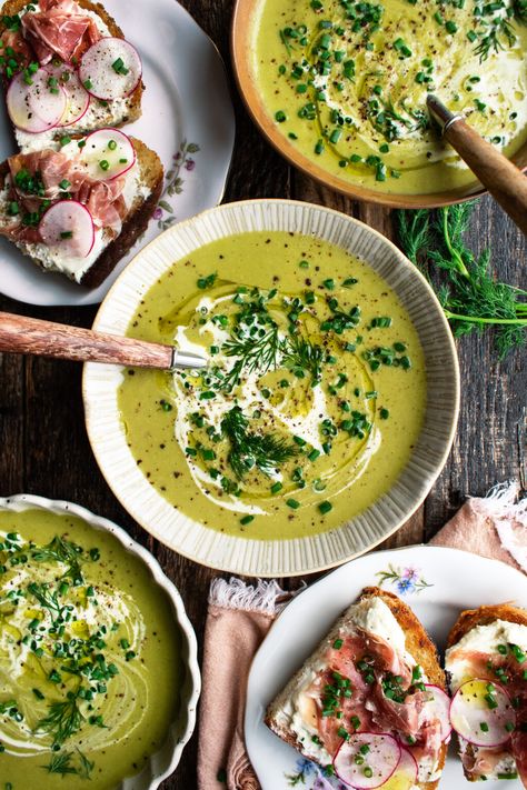 Asparagus Soup with Prosciutto & Goat Cheese Toast - The Original Dish Tarragon Soup, Creamy Asparagus, Chilled Soup, Asparagus Soup, Leek Soup, Cheese Toast, Serious Eats, Asparagus Recipe, Bowl Of Soup