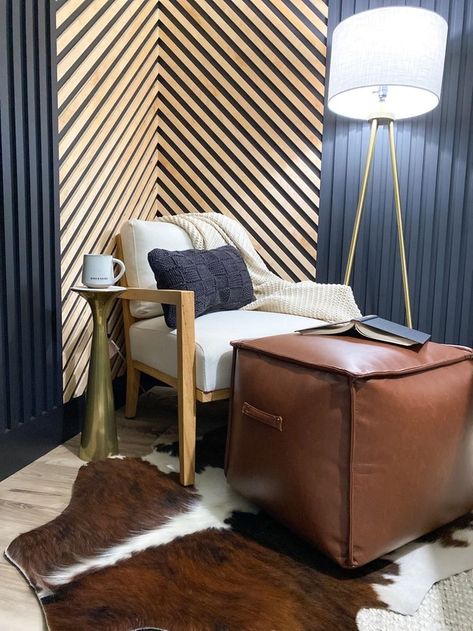 This home office is truly one of a kind with a slat wall and chevron corner design. Contemporary Home Office Design, Modern Home Offices, Contemporary Home Office, Corner Design, Corner Wall, Slat Wall, Corner Designs, Contemporary Home, Home Office Design