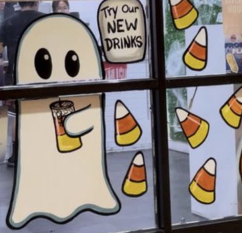 Ghost Window Painting, Pumpkin Window Painting, Halloween Window Painting Ideas, Halloween Window Painting, Fall Window Painting, Painted Window Art, Window Paint, Fall Windows, Window Mural