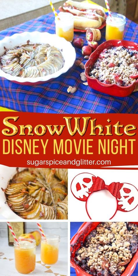 Snow White Movie Night, Disney Movie Themed Dinner, Disney Dessert Recipes, Family Movie Night Snacks, Disney Movie Night Menu, Disney Themed Movie Night, Disney Movie Night Food, Disney Movie Night Dinner, Disney Themed Food