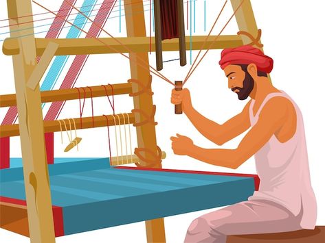 Vector traditional handloom weaver, vill... | Premium Vector #Freepik #vector #builder #contractor #home-builder #vietnam-travel Handloom Day, Infant Daycare, Teaching Math Strategies, Flex Banner Design, Weavers Cloth, Handloom Weaver, Linen Comforter, Handloom Weaving, Creative Advertising Design