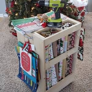 Rolling Wrapping Paper Cart - RYOBI Nation Projects Gift Wrap Cart, Diy Wrapping Paper Storage, Wrap Storage, Gift Wrap Organization, Wrapping Paper Storage, Gift Wrap Storage, Craft Cart, Holiday Storage, Scrap Wood Projects