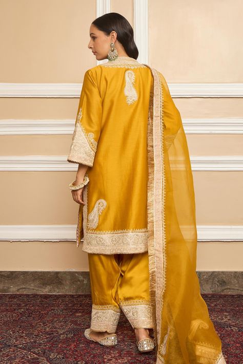 Sheetal Batra Designer, Yellow Indian Suit, Satin Salwar, Applique Kurta, Latest Suit Design, Satin Dupatta, Tilla Embroidery, Yellow Kurta, Trendy Outfits Indian