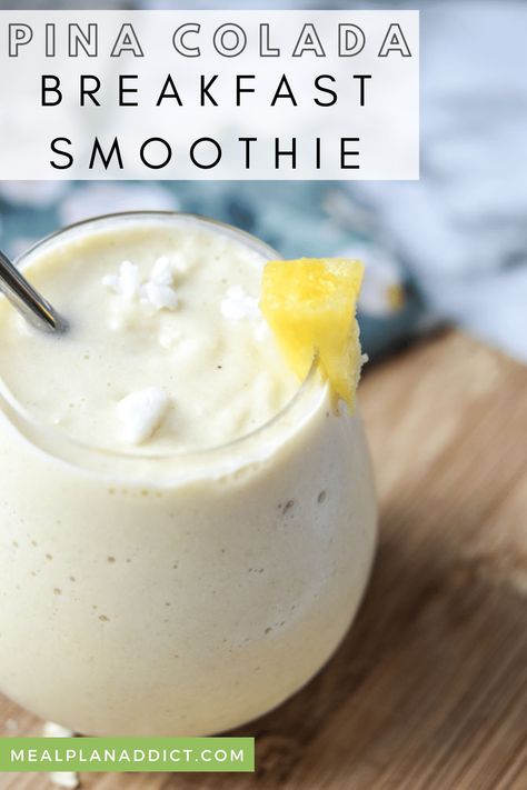 Pina Colada Breakfast Smoothie for the Whole Family | Meal Plan Addict. Move over refined sugary syrup pina colada (that I love), and say hello to the less sugar, high protein, well rounded Pina Colada Breakfast Smoothie (that I now love more!). Smoothie Kale, Chocolate Protein Smoothie, Smoothie Breakfast, Smoothie Recipes Healthy Breakfast, Breakfast Ingredients, Breakfast Smoothie Recipes, Smoothie Drink Recipes, Smoothie Detox, Dessert Aux Fruits