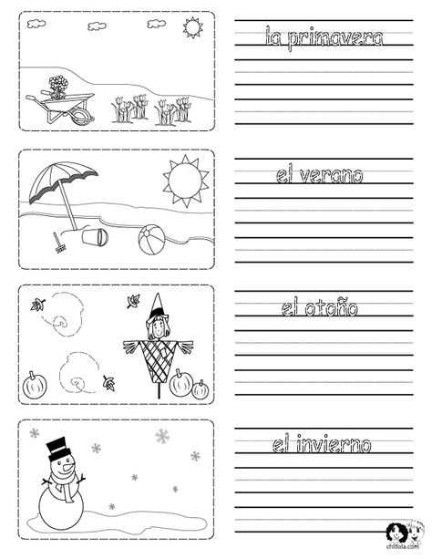 Printable worksheet on the seasons in Spanish with pictures to color Seasons In Spanish, Spanish Weather, Seasons Worksheets, Preschool Spanish, Weather Worksheets, Spanish Writing, Learning Spanish For Kids, Homeschool Spanish, Spanish Basics