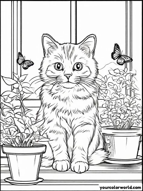 Cat lounging on a windowsill surrounded by potted plants and butterflies. Window Sill Drawing, Cat Sitting On Window Sill, Cat Sitting In Window, Windowsill Drawing, Sitting On Window Sill, Cat On Windowsill, Sitting On Window, Window Drawing, Cat Lounge