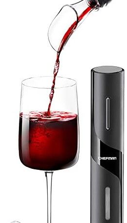 Chefman Electric Wine Opener Makes Opening Bottles Fast, Foolproof, And Fun! Black, Battery-Operated 4-Piece Corkscrew Set Comes With A Foil Cutter, Pourer, And Vacuum Stopper Dinner For Friends, Hosting Dinner, Wine Pourer, Electric Wine Opener, Wine Bottle Opener, Wine Opener, Battery Operated, Red Wine, Bottle Opener