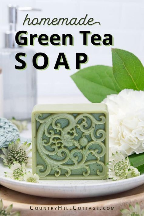 See how to make green tea melt and pour soap! The homemade green tea soap recipe is enriched with green tea extract, matcha powder, and refreshing essential oil blend ideas (with jasmine, lemon, lemongrass) that provide natural fragrance and skin-soothing benefits. DIY match soap bars are simple and easy to make, full of skin-loving antioxidants, and make fantastic handmade gifts. The mold features an intricate design and includes printable for packaging and a video. | CountryHillCottage.com Green Tea Soap Recipe, Homemade Green Tea, Macha Tea, Tea Tree Oil Soap, Green Tea Soap, How To Make Green, Soap Melt And Pour, Laundry Soap Homemade, Tea Soap