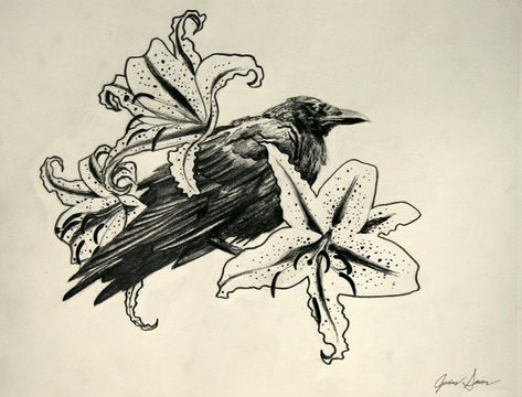 raven with flowers Raven And Lily Tattoo, Raven And Flowers Tattoo, Raven With Flowers, Girly Raven Tattoo, Crow With Flowers Tattoo, Rabe Tattoo, Crow Tattoo Design, Lillies Tattoo, Raven Feather