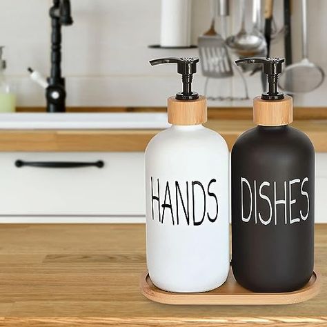 Glass Soap Dispenser Set, Hand Soap and Dish Soap Dispenser with Bamboo Tray. Vintage Soap Dispenser with Pump for Kitchen Sink and Bathroom. Stylish Permanent Labels (Matte Black&White) Hand And Dish Soap Dispenser, Detergent Storage, Soap Dispenser Set, Shampoo Dispenser, Glass Soap Dispenser, Detergent Dispenser, Space Saving Kitchen, Dish Detergent, Dish Soap Dispenser