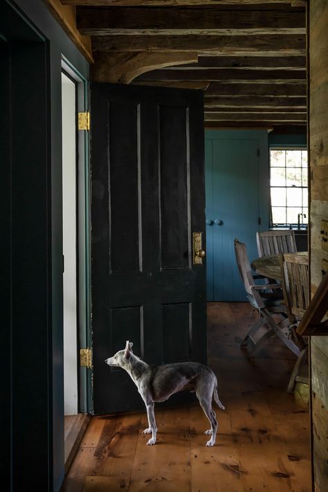 This rustic entryway is featured in the book "Remodelista in Maine". The saltwater farmhouse was designed by Bruce Norelius, and boasts exposed beams, wide, pumpkin-pine floors, a blue painted closet and a round wooden dining table. The black painted front door is fixed with an eye-catching brass doorknob and hardware. Maine Cottage Interiors, Cottages Interiors, Maine Style, Maine Homes, Painted Closet, Round Wooden Dining Table, Maine Decor, Maine Cottage, Rustic Entryway