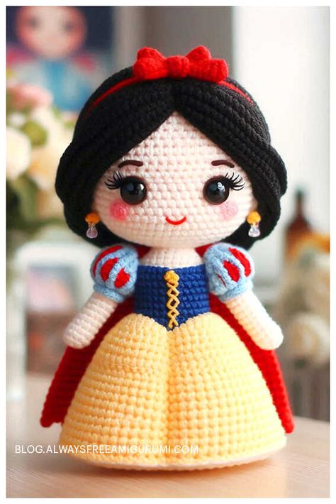 Amigurumi Princess Snow White Free Crochet Pattern Crochet Disney Princess, Crochet Characters, Doll Free Crochet Pattern, Doll Free Pattern, Disney Crochet, Free Crochet Amigurumi Patterns, Snow White Doll, Crochet Amigurumi Patterns, Princess Snow White