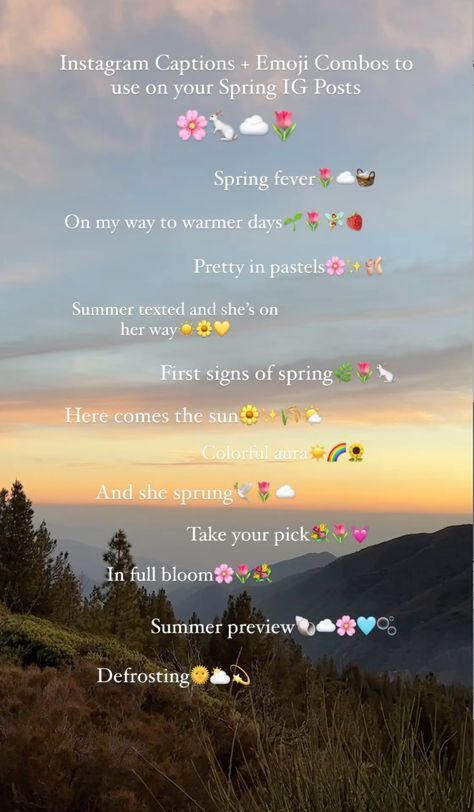 Emoji For Nature, Insta Emoji Captions, Caption For Spring, Selfie Emoji Captions, Instagram Captions Spring, Spring Emojis Combos, Emoji Caption For Instagram, Instagram Emoji Captions, Instagram Captions Emojis