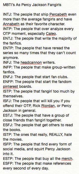 MBTI's as Percy Jackson Fangirls Percy Jackson Mbti, Esfj Istp, Myer Briggs, Intj Infj, Istp Isfp, Intj Enfp, Myers Briggs Personality Test, Meyers Briggs, Intj And Infj