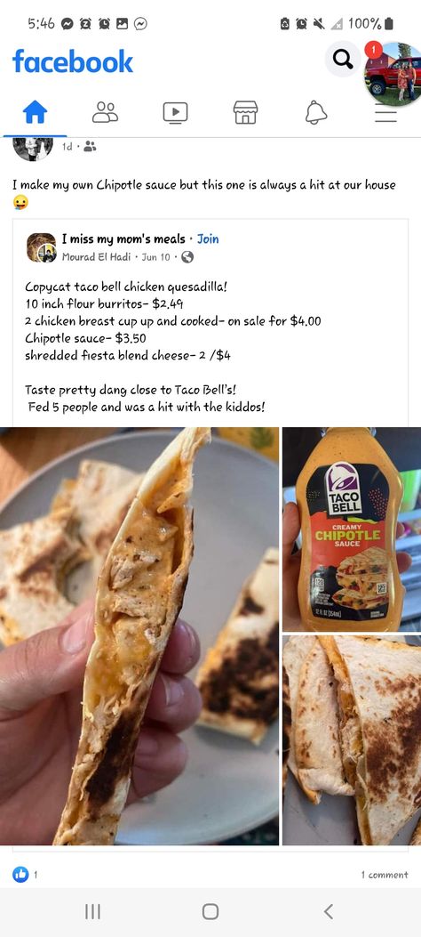 Tacobell Quesadilla Recipes, Chicken Quesadillas Taco Bell, Creamy Chipotle Sauce, Easy Foods, Chipotle Sauce, Food Mood, Chicken Quesadillas, Carb Meals, Food Drinks Dessert