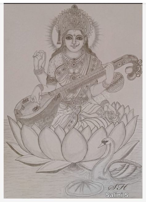 Saraswathi Devi, Pencil Drawing Inspiration, Pencil Sketches Easy, Cute Small Drawings, Indian Traditional Paintings, Ganesh Art Paintings, Saraswati Devi, Disney Drawings Sketches, Saraswati Goddess