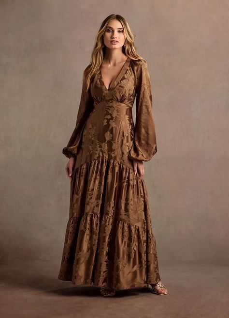 Melissa Coco Long Sleeve Maxi Dress | Azazie Long Sleeve Earth Tone Dress, Long Sleeve Western Dresses, Maxi Dresses Casual Fall, Wedding Guest Maxi Dress Fall, Winter Prom Dresses Long Sleeve, Brown Dresses Formal Long Sleeve, Wedding Guest Dress With Cowgirl Boots, Winter Wedding Guest Dress Formal, Long Sleeve Gala Dress