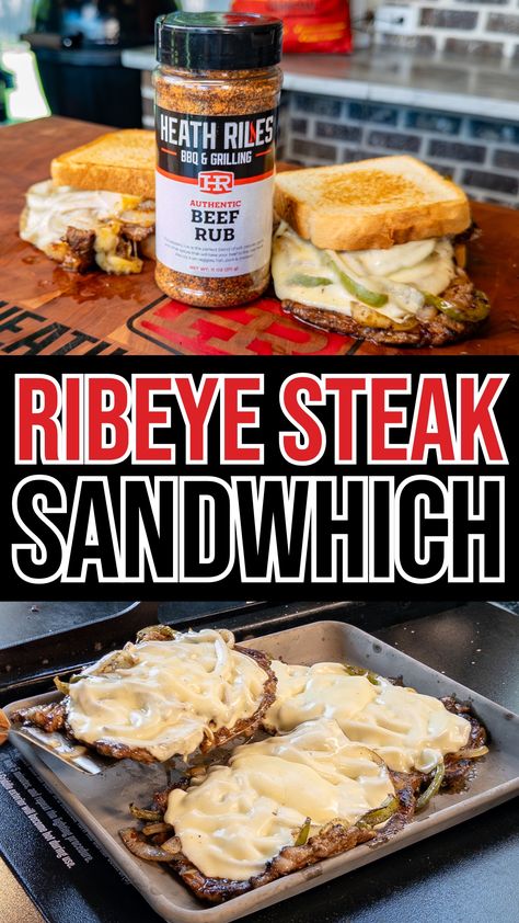 This Old School Ribeye Steak Sandwich is a classic, bringing back diner lunch nostalgia. Featuring thinly sliced, perfectly seasoned steak seared on the Traeger Flatrock Flat Top Grill, it's topped with sautéed onions, peppers, melted provolone, and homemade horseradish mayo for a zesty finish.  Ready in under 30 minutes, this simple yet gourmet sandwich elevates a budget-friendly cut of meat. Cook everything in one place on the Traeger Flatrock. Give it a try and let us know what you think! Shaved Ribeye Sandwich, Thinly Sliced Ribeye Steak Recipes, Steak Sandwich Recipes Easy, Ribeye Sandwich Recipe, Ribeye Sandwich, Ribeye Steak Sandwich, Flat Top Grill Recipes, Steak Sandwich Recipe, Seasoned Steak