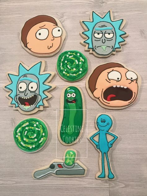 Rick and Morty Cookies Royal Icing Decorated Sugar Cookies of Rick, Morty, Pickle Rick, Mr. Meeseeks and the Portal Gun Rick And Morty Cookies Decorated, Rick And Morty Cookies, Nerds Cookies, Mr Meeseeks, Cookies Royal Icing, Cartoon Cookie, Pickle Rick, Birthday Cake Pops, Sugar Cookie Icing