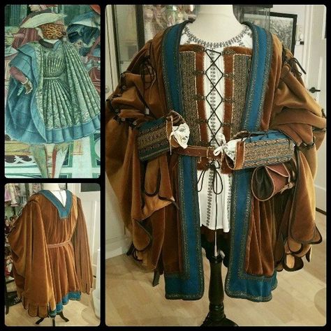 Angela Mombers: I finished the Italian Cioppa for my husband. Pattern is based on Period Patterns 43 as well as the pattern for the doublet and the smock. Material facts : 8 meters of velvet, 2 meters wool, 8 meters of lining, 18 meter galon, 18 meter leather piping, 27 meters bias tape, 30 buttons, 6 meter cord, 3 meter eyelet tape.  Most materials are recycled like old curtains and an old leather jacket. You can see the whole process on www.walkingthroughhistory.com. Wizard Fashion, Mens Garb, Medieval Costume, Almost Ready, Medieval Clothing, Retro Mode, Fantasy Costumes, Medieval Fashion, Cooler Look