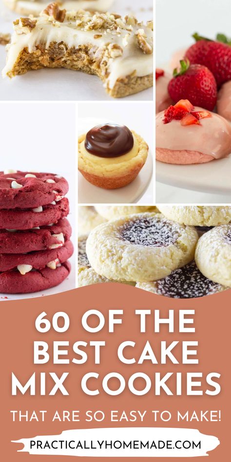 If you like easy and sweet recipes, here are 60 of the Best Cake Mix Cookies around! Each one of these recipes is so easy to make, and there is such a huge variety that you're bound to find several recipes to fit your tastes. Check out the list today! Cookies From Cake Mix 3 Ingredients, Cake Mix Cookie Recipes 3 Ingredients, Thanksgiving Cake Mix Cookies, Chocolate Cake Mix Christmas Cookies, Cake Mix Cookies With Cream Cheese, White Cake Mix Cookies Recipes, Cookies Made From Cake Mix Boxes, Cookies With Cake Mix Easy, Box Cake Cookies Recipe