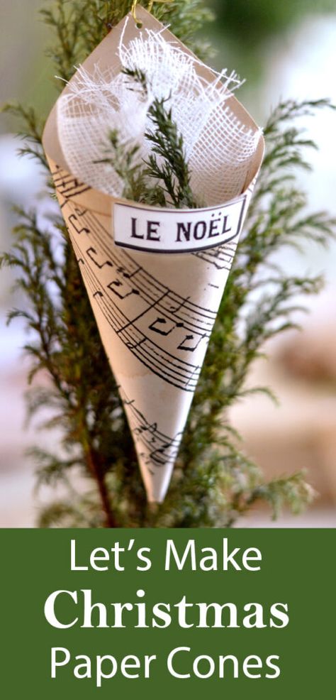 Sheet Music Ornaments, Cone Template, Diy Christmas Crackers, Victorian Christmas Decorations, Journaling Tags, Cones Diy, Victorian Christmas Ornaments, Christmas Cones, Music Ornaments