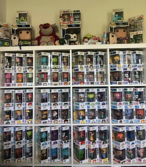 Unique way to display in-box collections! Funko Pop In Boxes Display Ideas, Funko Pop Collection Room Aesthetic, Funko Pop Organization Ideas, Funko Pops Display Ideas, Ways To Display Funko Pops, Funko Pop Display Ideas With Boxes, Aesthetic Funko Pop, Funko Pop Organization, Funky Pop Display Ideas