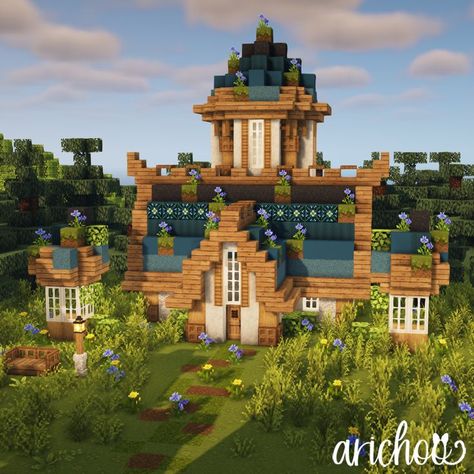 Cottacore Minecraft House, Minecraft House In Flower Field, Red Cottage Minecraft, Cute Yellow Minecraft House, Cottegcore Minecraft House, Minecraft Houses Goblincore, Floral Minecraft Builds, Cottage Core Witch Minecraft House, Cute Minecraft Mansions