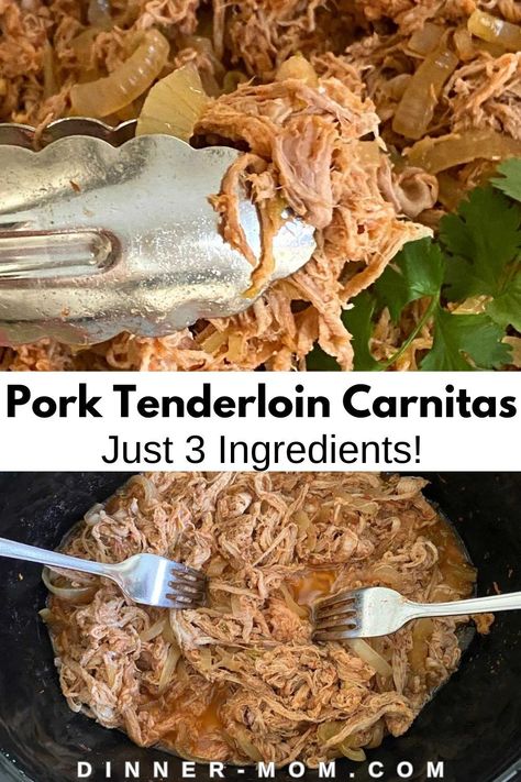 3-ingredient pork tenderloin carnitas are the most delicious lunch or dinner that everyone will love. Pair this meat with tortillas, chips, and fries to make an easy meal. These carnitas are filled with only three ingredients: onions, pork tenderloins, and peach salsa, but are still packed with flavor. This meat is made in the slow cooker, so you can throw all the ingredients in the crockpot and then come home to a flavorful meal. Try this recipe today! Pork Tenderloin Carnitas Slow Cooker, Pork Tenderloin Carnitas, Carnitas Slow Cooker, Pork Tenderloin Tacos, Tortillas Chips, Peach Salsa Recipes, Crockpot Pork Loin, Crockpot Pork Tenderloin, Pork Tenderloins