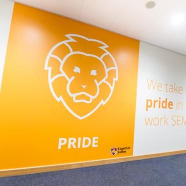 SEM | Vinyl Impression Values Wall, Office Wall Graphics, Office Reception Design, Accounting Office, Corporate Values, Feature Wall Design, Company Office, Large Wall Murals, Wall Signage