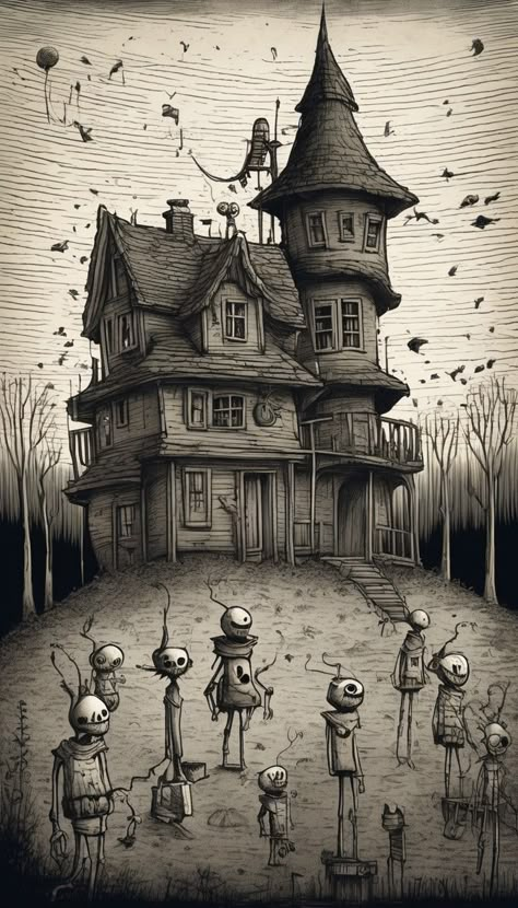 they leave their houses Scary House Drawing, Spooky House Drawing, Haunted House Cartoon, Haunted House Tattoo, Haunted House Drawing, Landscape References, Cartoon Drawings Sketches, Scary Houses, House Cartoon