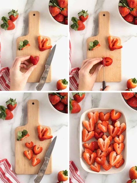 How To Make Heart Strawberries, Heart Shape Appetizer, Heart Shape Strawberries, Cut Strawberries Into Hearts, Strawberry Hearts How To Cut, Cute Ways To Cut Strawberries, How To Cut Strawberries Into Hearts, Cut Strawberries Fancy, Heart Shaped Treats