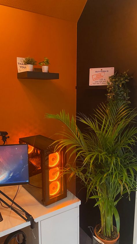 Orange Pc Setup, Orange Gaming Setup, Gaming Bedrooms, Pc Setup Gaming, Setup Bedroom, Gaming Setup Bedroom, Gaming Bedroom, Setup Gaming, Pc Setups