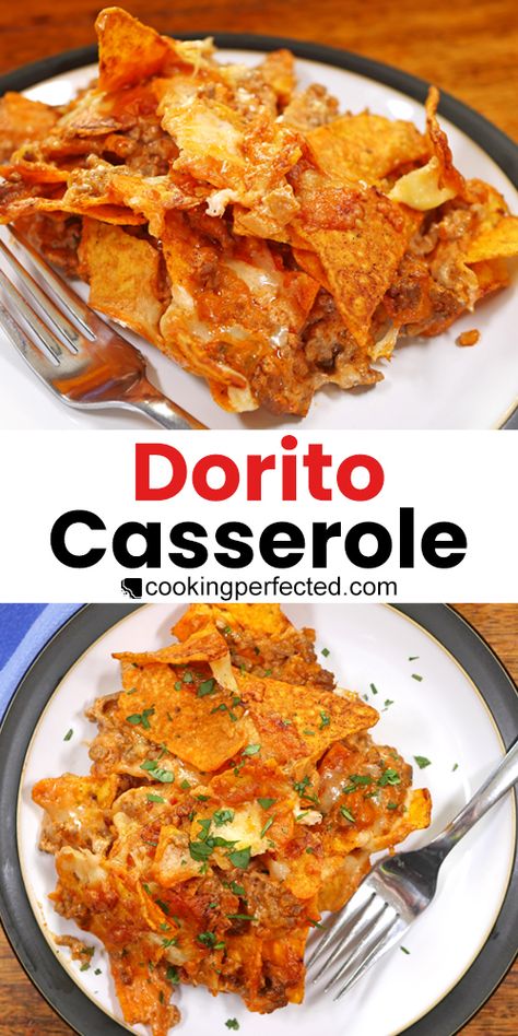 This Dorito casserole is an incredible blend of ingredients. It features layers of ground beef, salsa, sour cream, cheese, and Dorito chips Dorito Casserole Hamburger Crockpot, Dorito Bake Ground Beef, Easy Dorito Casserole Hamburger, Beef Supper Ideas, Dorito Bake, Dorito Casserole Hamburger, Doritos Taco Bake, Dorito Taco Bake, Doritos Casserole