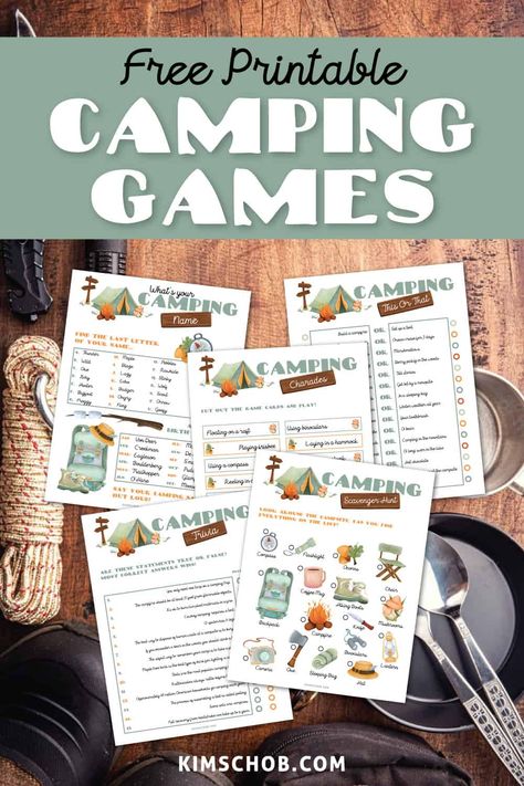 This fun Camping Printable Game Set makes your next camping trip way more fun. Your whole family will love playing these games! #freeprintables #printables #camping Fun Camping Games For Kids, Free Printable Camping Games, Camping Charades Free Printable, Camping Scavenger Hunt For Adults, Summer Camp Camping Theme, Camping Bingo Free Printable, Campfire Games For Kids, Camping Printables Free For Kids, Camping Birthday Games