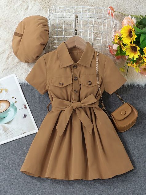 Free Returns ✓ Free Shipping✓. SHEIN Kids FANZEY Toddler Girls Flap Detail Belted Shirt Dress & Accessory Hat Without Bag- Young Girls Dresses at SHEIN. Kids Dress Wear, Khaki Fashion, Casual Day Outfits, Frocks For Girls, Belted Shirt Dress, Vestido Casual, Dress Hats