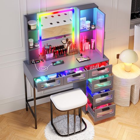 Table With Shelves, Space Efficiency, Mirrored Vanity Desk, Rgb Lights, Vanity Benches, Makeup Desk, Vanity Table Set, Cute Diy Room Decor, Colorful Lights