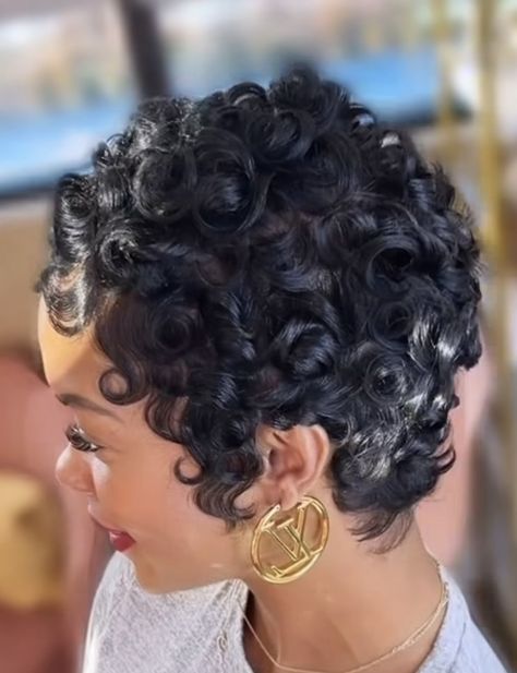 Perm Rods Short Natural Hair, Honey Brown Pixie Haircut, Short Pin Curls For Black Women, Colored Pixie Cut Black Women, Short Coils On Natural Hair, Pixie Pin Curls, Tight Curls Short Hair, Pin Curls For Short Hair, Curly Pixie Cuts Black Women