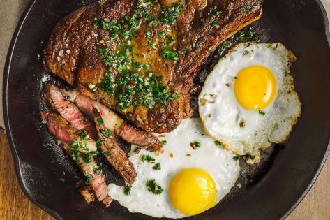 Best Steak & Eggs Breakfast Recipe with Chimichurri | Tasting Table Breakfast Steak And Eggs, Steak Lunch, Steak Eggs, Steak Breakfast, Eggs Breakfast, Egg Recipes For Breakfast, Carnivore Diet, Brunch Dishes, Steak And Eggs