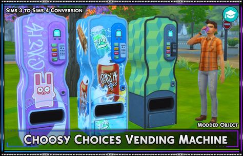 Choosy Choices Vending Machine | SrslySims on Patreon Vampire Cat, Retro Appliances, Tumblr Sims 4, Sims Four, Jungle Adventure, Vending Machines, Sims 4 Build, Sims 4 Cc Finds, The Sims4