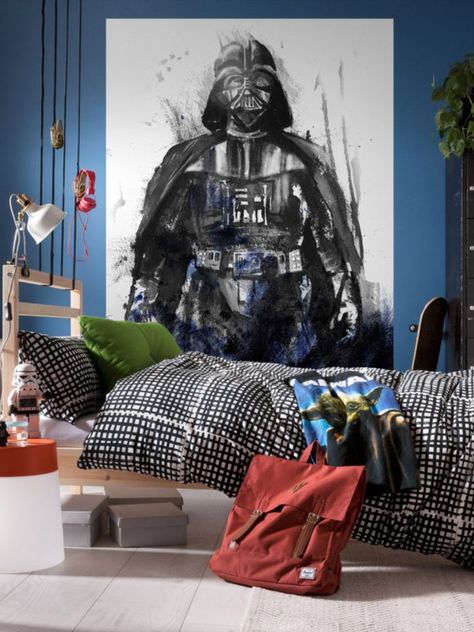 An icon since the 1970s - the ultimate STAR WARS villain, Darth Vader. -- Star Wars Darth Vader wallmural. Star Wars Darth Vader wallpaper. Star Wars Darth Vader wall design. Star Wars wallmural. Star Wars children room. @komarproducts Star Wars Watercolor, Star Wars Mural, Boys Bedroom Wallpaper, Darth Vader Wallpaper, Mural Bedroom, Wallpaper Walls Bedroom, Wallpaper For Wall, Dark Vador, Feature Wallpaper