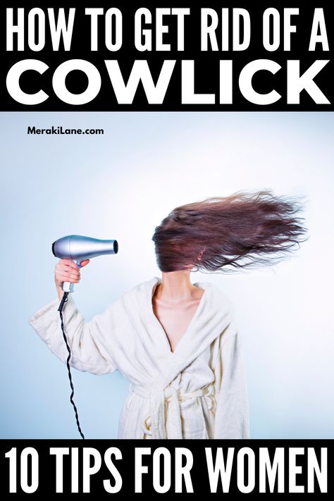 10 Must-Know Cowlick Hair Tips for Women | While you can't get rid of a cowlick completely, there are tons of hair tips and styling hacks that can make it more manageable. In this post, we share everything you need to train your hair to do what you want it to do. Click to learn the best haircuts and hair parts for women with cowlicks, the best and worst hair products, blow-drying techniques, whether bangs and layers are the right option for you, plus a step-by-step hair styling tutorial! Short Hairstyle Women With Cowlick, Short Haircuts For Women With Cowlicks, How To Style The Back Of Your Hair, Haircuts With Cowlicks For Women, How To Style Hair With Cowlicks, Cow Lick Hair How To Get Rid, Hairstyles With Cowlicks For Women, Training Bangs Hair, How To Get Rid Of Cowlick In Hair