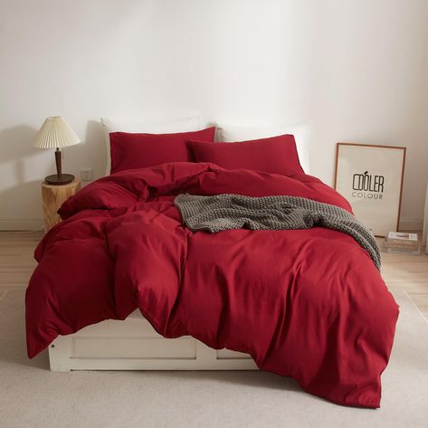 PRICES MAY VARY. 【Material】: Brushed Microfiber Duvet Cover Set. Breathable.Soft.Comfortable.Easy Care.Anti-Wrinkle. 【3PC Bedding Duvet Cover Sets】:Queen: 90" x 90" inches Duvet Cover and 2 Pillowcases 20" x 30" inches,Please Note the Comforter is NOT Included 【Features】:Queen Duvet Cover with Zipper Closure&4 Corner Ties. Envelope Pillowcases. Suitable for All Seasons.Won't Make You Overheat at Night. Easy to Clean the Pet Hair . 【Design】:Modern Simple Solid Burgundy Duvet Cover Set. A Nice Bed Bedding Set Red, Red Bedroom Pillows, Dark Red Bed Curtain, Berry Bed Set, Crimson Bed Sheets, Bergundy Bedding, Red Room Bed Set, Red Bedding Set, Red Lights Bed