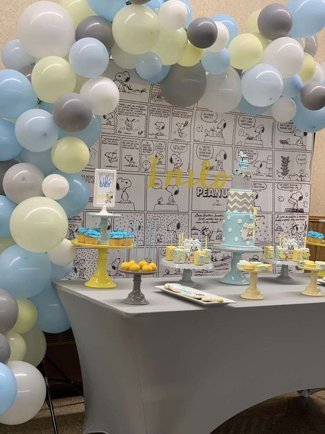 Blue,grey and yellow Snoopy themed baby shower | CatchMyParty.com Snoopy Baby Shower Decorations, Snoopy Baby Shower Theme, Snoopy Baby Shower, Snoopy Baby, Peanut Baby Shower, Baby Shower Party Themes, Snoopy Party, Baby Snoopy, Orange Baby Shower