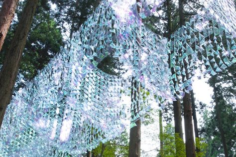 Mirage in the forest is the last installation by Akane Moriyama, made of approximately 6000 pieces of plastic films, that change their color by the direction of incoming light. Akane Moriyama, Plastic Film, Summer Projects, Art Installation, In The Forest, The Forest, Installation Art, Art Ideas, Tree Trunk